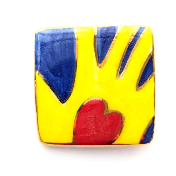 Vintage Square Ceramic Hand Heart Brooch Pin Handmade Hand Painted Jewelry - Picture 1 of 5